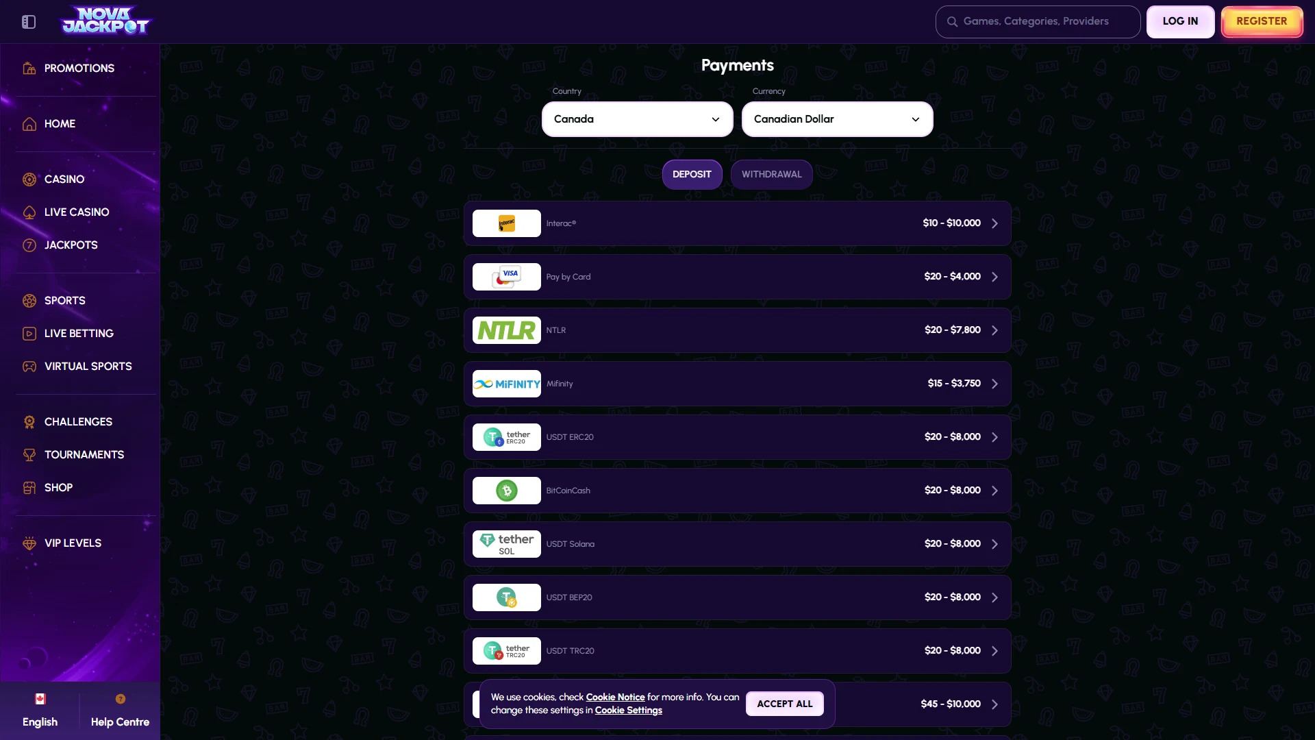 Novajackpot payment methods